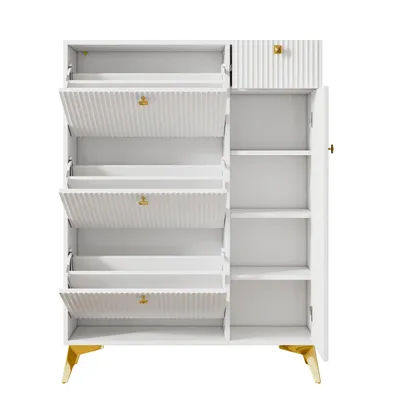 Produktbild von Flieks Schuhschrank mit 3 Klappen, Schuhkommode 90x25x121 cm, Schuhkipper schmal mit 1 Schublade und 1 Tür, weiß