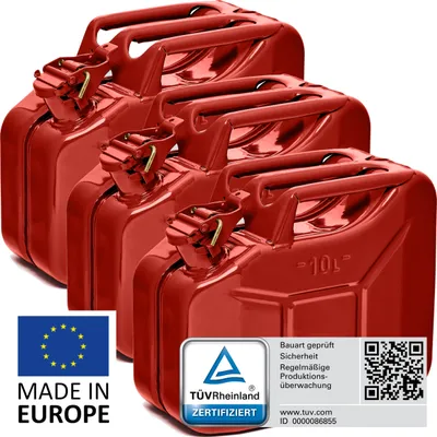 Produktbild von BW® Kraftstoffkanister Metall Benzinkanister 3x 10 Liter - Rot RAL 3000 - UN-Zulassung - Hergestellt in Europa