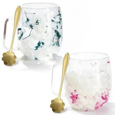 Produktbild von 2er-Pack Doppelwandige Gläser mit Trockenblumen, 390ml, inkl. Löffel, Mehrfarbig