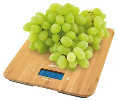 Küchenwaage digital, 15 kg/1 g, Bambus, LCD, Tara, Timer, Uhr