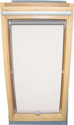 A roller blind installed in a wooden skylight frame.