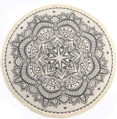 Produktbild von Vintage Teppich Rund 90cm Baumwollteppich Rund Waschbar Teppich Mandala mit Quasten Handgewebter Teppich Groß für Wohnzimmer, Schlafzimmer