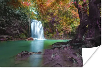Produktbild von MuchoWow® Poster Bunte Blätter an einem Wasserfall im Erawan-Nationalpark in Thailand 90x60 cm - Schlafzimmer