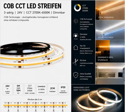Produktbild von 5m 24V COB CCT LED Streifen Strip 2700K-6500K | Dimmbar | Ohne Controller, Fernbedienung & Netzteil