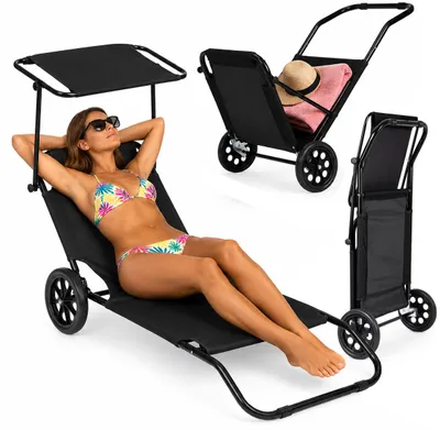 Zdjęcie produktu dla Leżak Plażowy Ogrodowy 2w1 na Kółkach Składany z Daszkiem Zagłówkiem