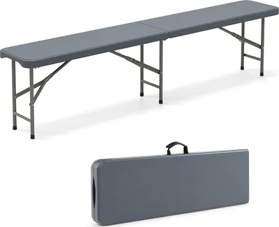 A gray folding bench is shown in its unfolded state, and then in its folded state in a carrying case.