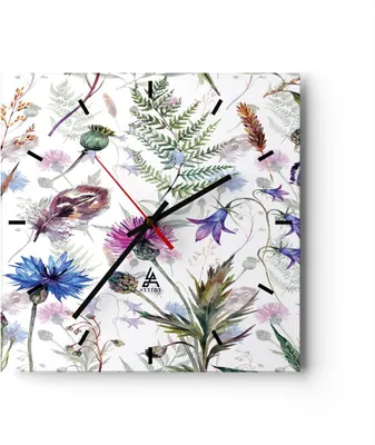 Produktbild von Wanduhr - Quadrat - Glasuhr - Blume Wiese Natur - 40x40cm - Schleichendes Uhrwerk - Lautlos - zum Aufhängen bereit - Dekoration Modern - Wanddekoration aus Glas - C3AC40x40-3838