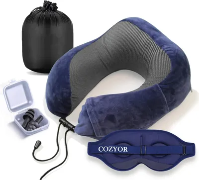 Produktbild von COZYOR Reiseset 3-tlg: Ohrstöpsel + Schlafmaske + Nackenkissen, kuschelig weich & kompakt, verstellbares Nackenhörnchen Memory Foam, Augenmaske 100% dunkel