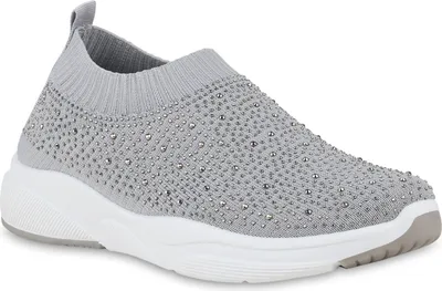 Produktbild von VAN HILL Damen Slip Ons Sportschuhe Sportliche Strass Profil-Sohle Schuhe 841664, Farbe: Grau, Größe: 37