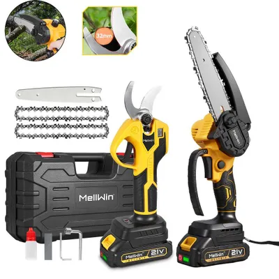 Produktbild von Akku-Kettensäge & Gartenschere Set: 800W/6" Handkettensäge Mit Automatikölung + Bürstenlose Astschere (0-35mm), Mit 4akkus, Hocheffizient Und Praktisc