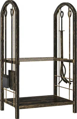 Produktbild von Kaminholzregal Indoor 43x30x74cm mit 4 Werkzeughaken - 2-stufiges Brennholzregal für Kaminholzaufbewahrung