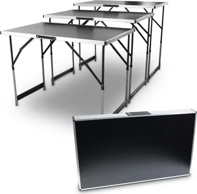 A set of three folding tables and one folded table in a case, displayed on a white background.