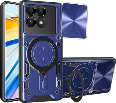Produktbild von Handyhülle für Xiaomi Poco F6 Pro/Redmi K70 /K70 Pro Dual-Layer Stoßfest Rüstung Hülle mit Dia Kameraschutz und Kreisförmig Ring Ständer Blau