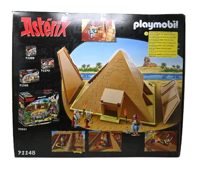 The image shows the packaging of a Playmobil Asterix Egyptian pyramid playset, with various smaller playsets pictured on the left side and promotional images at the bottom.