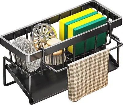 Produktbild von Spülbecken Organizer mit Abtropfbehälter - Küchenorganisation Spüle - Tuchhalter Bürsten - Schwamm und Seife