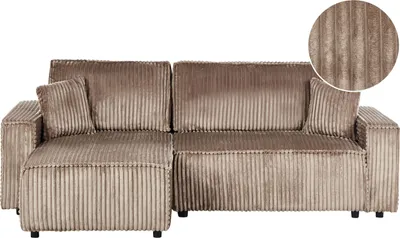 Produktbild von BELIANI 2-Sitzer Ecksofa Hellbraun Cord mit Chaiselongue Rechtsseitig Schlaffunktion Dekokissen L-Form Modern Schlafsofa Wohnzimmer Sitzmöbel