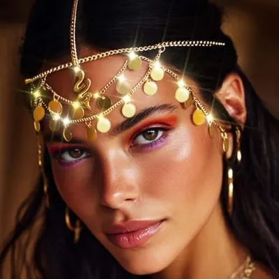 Produktbild von Goldfarbene Pailletten-Kopfkette mit Schlangenhaarkette, ägyptischer Kopfschmuck für Damen