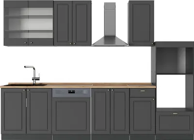 Produktbild von Küchenzeile Vicco Fame-Line Anthrazit-Gold Landhaus 300 cm mit Hochschrank, AP Eiche, Model 56699