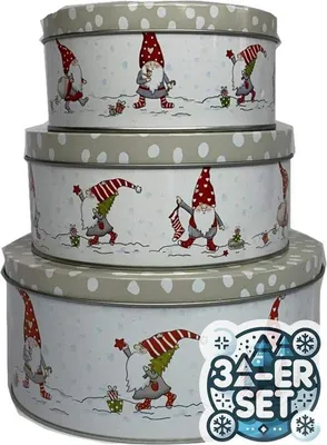 Produktbild von Runde Metall-Keksdose, grau-weiß, 14-20 cm, Weihnachtsmotiv