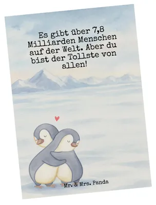 Produktbild von Mr. & Mrs. Panda Ansichtskarte Pinguine Kuscheln Design - Weiß - Geschenk, kunstkarte, Postkarte, Hochzeitstag, Ansichtskarten, Valentinstag, für Frauen, Freund, Freundin