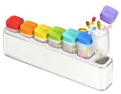 Obrázek produktu pro Krabička na tablety na 7 dní, bez BPA, s 7 odnímatelnými přihrádkami, vzduchotěsná, snadno otevíratelná, dávkovač léků, duhový design
