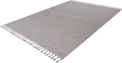 Produktbild von Lalee Tunis Flachwebteppich uni uni Uni Teppich niedrigflorig mit großen Fransen zeitlos 200x290cm silber