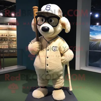 Produktbild von Beigefarbener REDBROKOLY Schaf Maskottchen Kostüm charakter bekleidet mit einem Baseball-T-Shirt und einer Brille