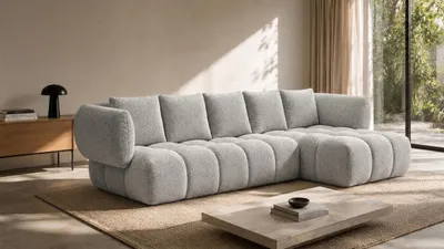 Image de Canapé d'angle Kaiser, forme en L, revêtement en tissu chenille Puente, couleur beige, configuration à droite, modèle SEVIO L