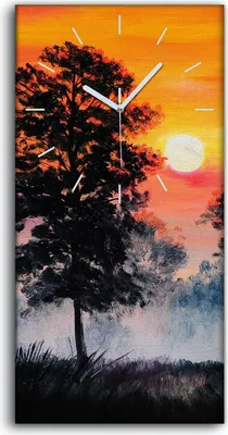 Produktbild von Leinwand Uhr Küche Wohnzimmer Bild 30x60 Landschaft Sonnenuntergang Wald Nebel - weiße Hände
