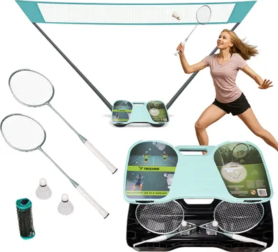 Immagine prodotto di Set da badminton con rete e borsa da trasporto - set da badminton 4 in 1 con 2 racchette, 2 volani e supporto - rete da badminton per esterni Pronto per giocare 25515