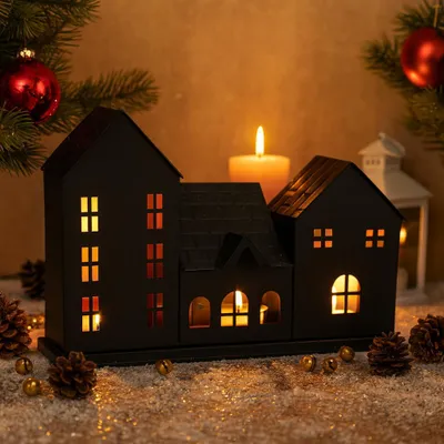 Produktbild von Marrakesch Teelichthalter Häuserzeile Calibri schwarz 29cm | Handgefertigte Metall Lichthäuser im Scandi Chic Design | Weihnachtsdeko & Wohnaccessoire | Kerzenhater für Teelichter als Geschenkidee