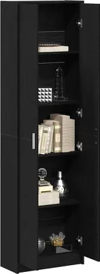 A tall, narrow black cabinet with its doors open, displaying several shelves with decorative items and books.