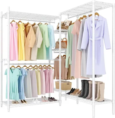 Image de Porte-manteaux robuste pour charges lourdes - Armoire métallique autoportante - 5 niveaux en forme de L - Étagères réglables - Penderies - Capacité jusqu'à 848 kg - Blanc