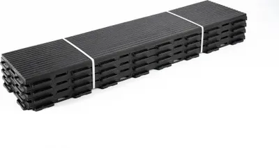Produktbild von Terrassenfliesen aus Kunststoff, Klicksystem, 60 x 15 cm, 4 Stück, 0,35 qm, Balkonfliesen, Bodenbelag, Klickfliesen in Holzoptik, Wetterfest, Graphit