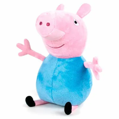 A plush toy of Peppa Pig sitting down and waving.