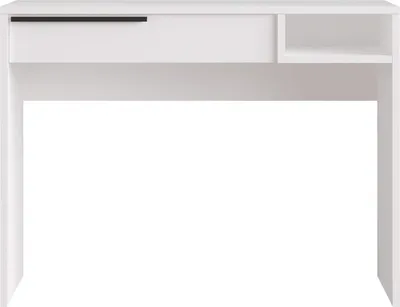A white desk with a drawer and a small shelf.