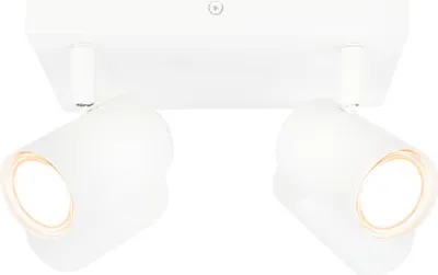 A white ceiling spotlight with two adjustable lamps.