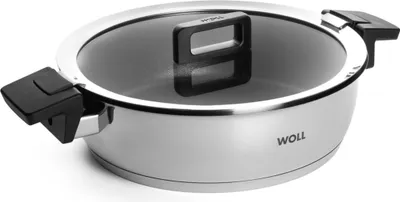 A studio shot of a silver pot with a glass lid and black handles, set against a white background.