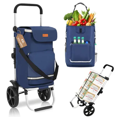 Produktbild von Sekey 3in1 Einkaufstrolley Klappbar Einkaufswagen mit Kühlfach, Spanngurt und höhenverstellbarem Griff, Blau