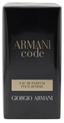 Giorgio Armani Code Eau de Parfum Pour Homme Verpackung, schwarze Box mit goldenen Details und elegantem Schriftzug