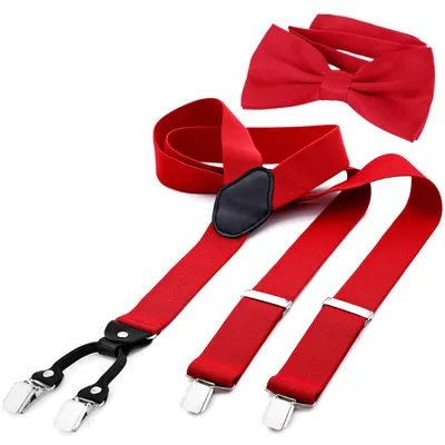 Produktbild von DonDon Herren 3,5 cm breiter Hosenträger in Y-Form elastisch und verstellbar im 2er Set mit farblich passender Fliege 12 x 6 cm Rot