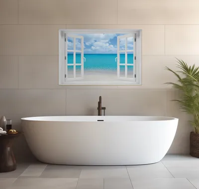 Produktbild von Wallario wasserfestes Poster selbstklebend 91,50 x 61 cm, Sandstrand und blaues Meer, Badezimmerposter Spritzschutz mit Hochglanzoberfläche in Glasoptik