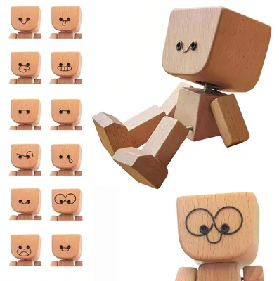 Produktbild von MODFU Holzfigur Auto-Deko, witziger Wackelkopf, verstellbare Gesichtsausdrücke, Auto-Dekoration, handgefertigt, beweglicher Holz-Mann, Schreibtisch & Auto