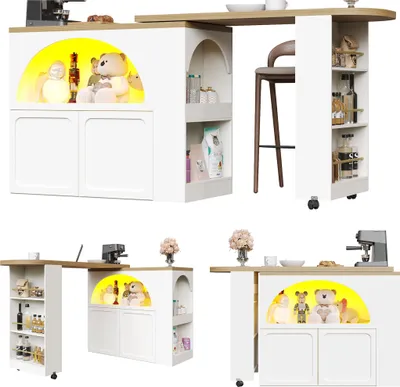 Produktbild von Ausziehbarer Bartisch mit Stauraum(135-205×39×100cm) , Moderner Beweglicher Bar Table, Teleskopischer Bartisch mit LED Hochtisch Kücheninsel