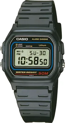 A black Casio digital watch is shown against a white background.