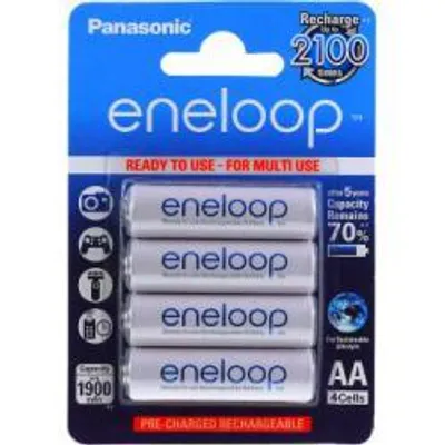 A retail package of Panasonic eneloop AA rechargeable batteries.