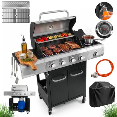 Zdjęcie produktu dla Grill gazowy ogrodowy 14,1kW BERGMANN KJ001 5 palników żeliwny ruszt stolik boczny front stal nierdzewna kosz na butlę + pokrowiec
