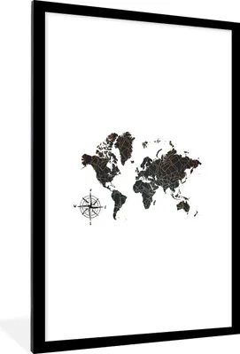 Produktbild von MuchoWow® Gerahmtes Poster Weltkarte - Bronze - Kompass 60x90 cm - Poster mit Schwarzem Bilderrahmen Wandposter Rahmen Foto Bilder - Dekoration - Wandposter Wohnzimmer - Hochwertig