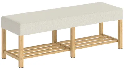 Zdjęcie produktu dla Ławka do przedpokoju z litego drewna z siedziskiem | Kolor: kremowy | Wymiary: 140x44x48 cm