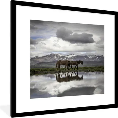 Produktbild von MuchoWow® Gerahmtes Poster Pferde - Island - Natur 40x40 cm - Poster mit Schwarzem Bilderrahmen Wandposter Rahmen Foto Bilder - Poster - Plakat im Rahmen